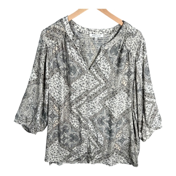 Rose + Olive Top Womens‎ 1X Blouse 3/4 Sleeve Peasant Boho Paisley Career - Picture 2 of 10